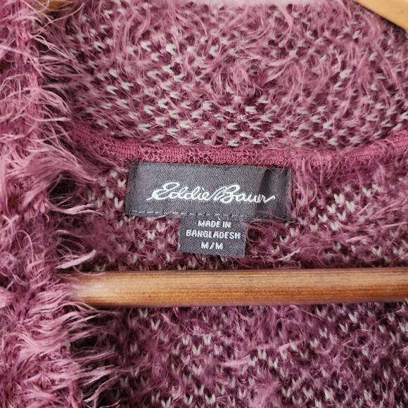 Eddie Bauer Cardigan Sweater Womens Medium Purple Eyelash Open Aztec Print Soft - Picture 4 of 9